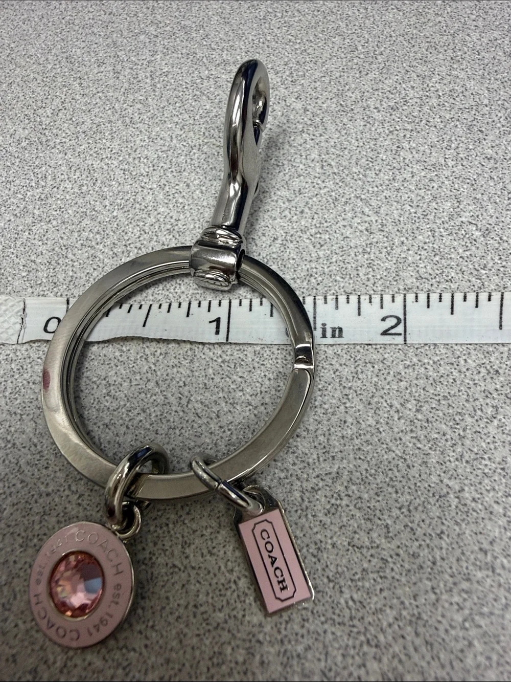 Coach Silver-Tone Key Ring with Pink Crystal and Enamel Tag